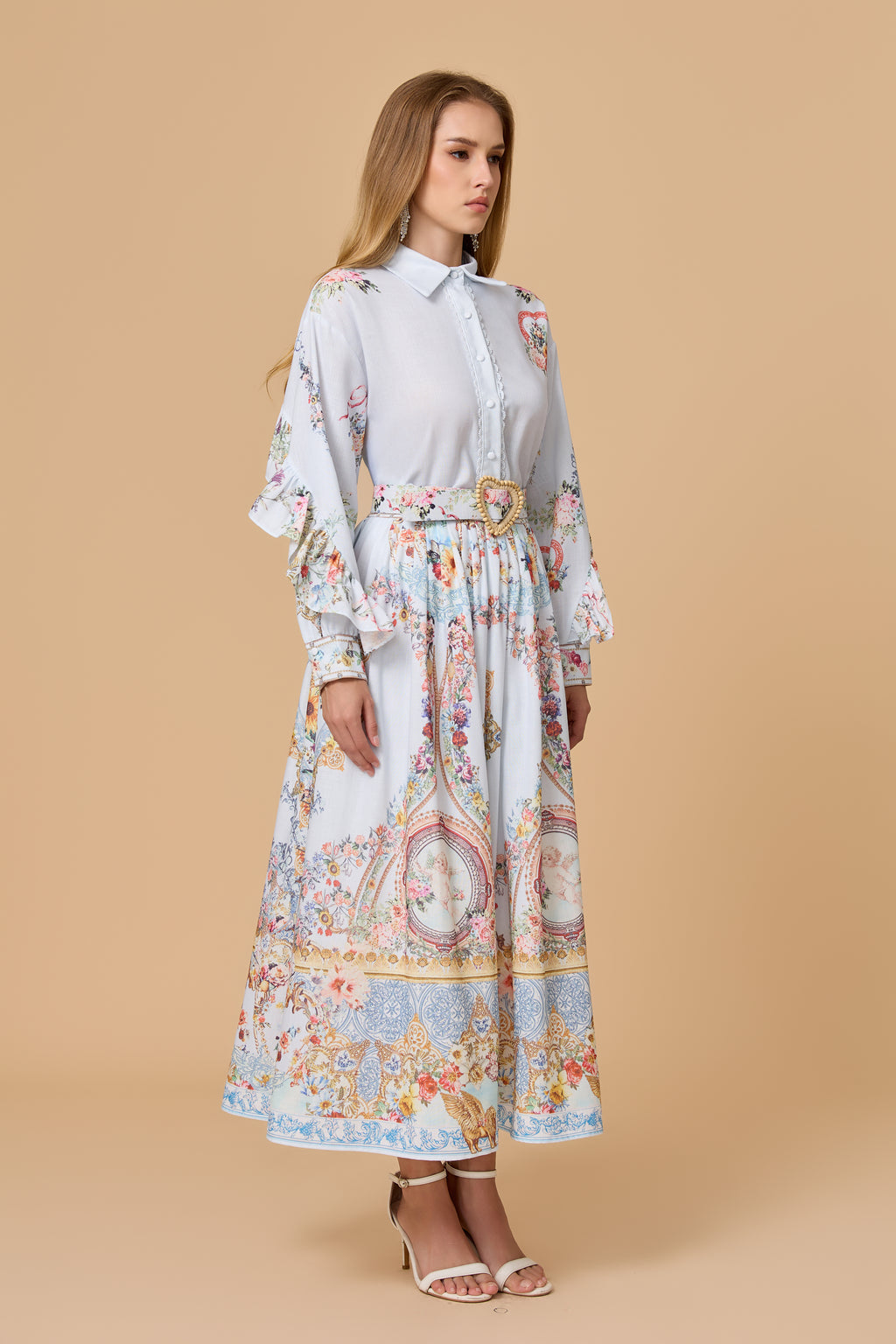 Light Blue Allover Print Shirt Dress And Belt Outfit Set