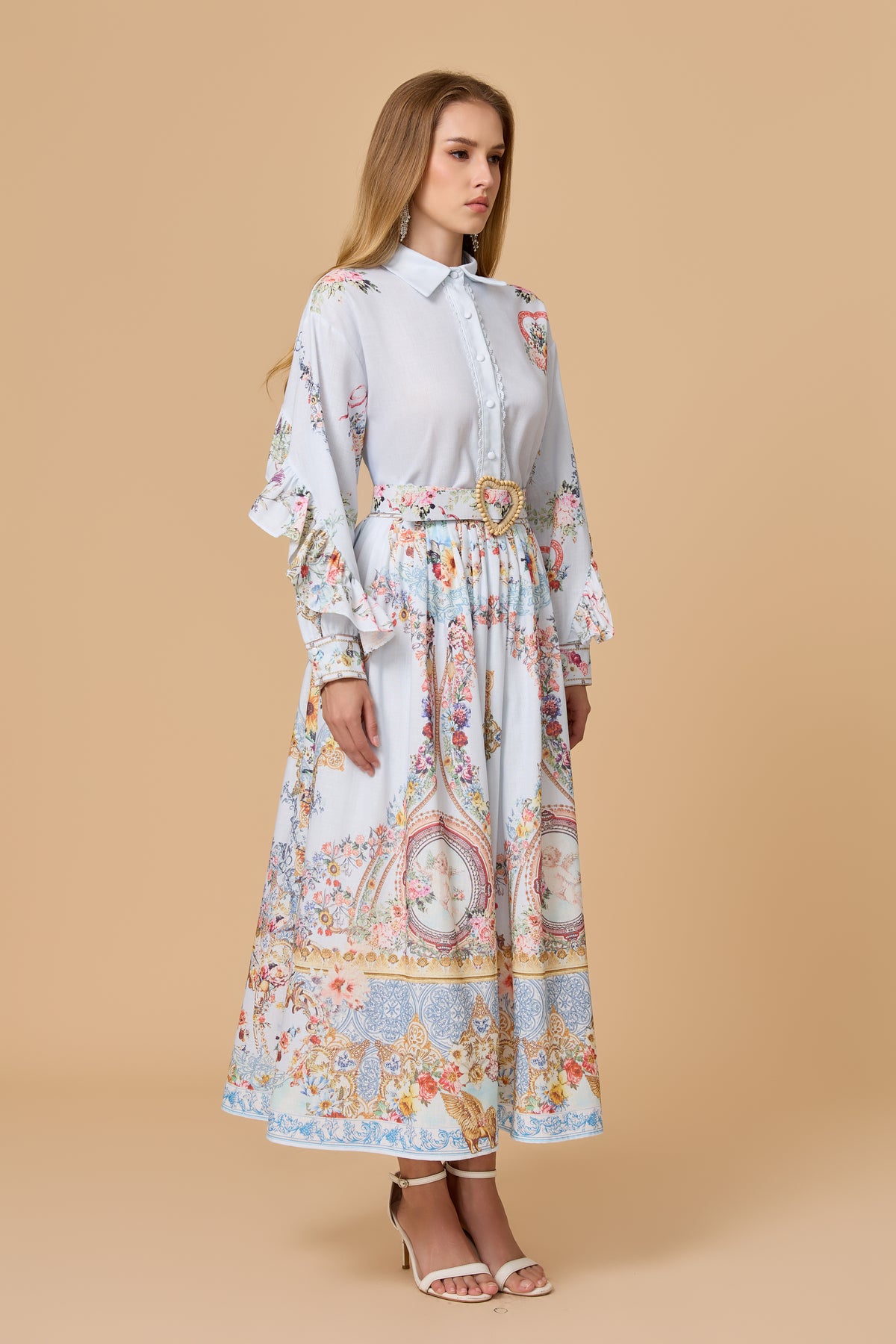 Light Blue Allover Print Shirt Dress And Belt Outfit Set