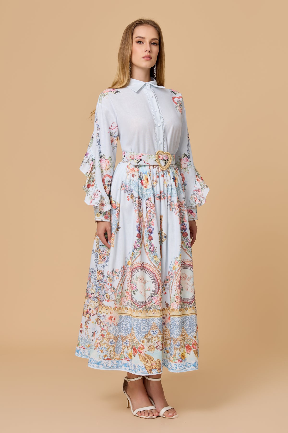 Light Blue Allover Print Shirt Dress And Belt Outfit Set