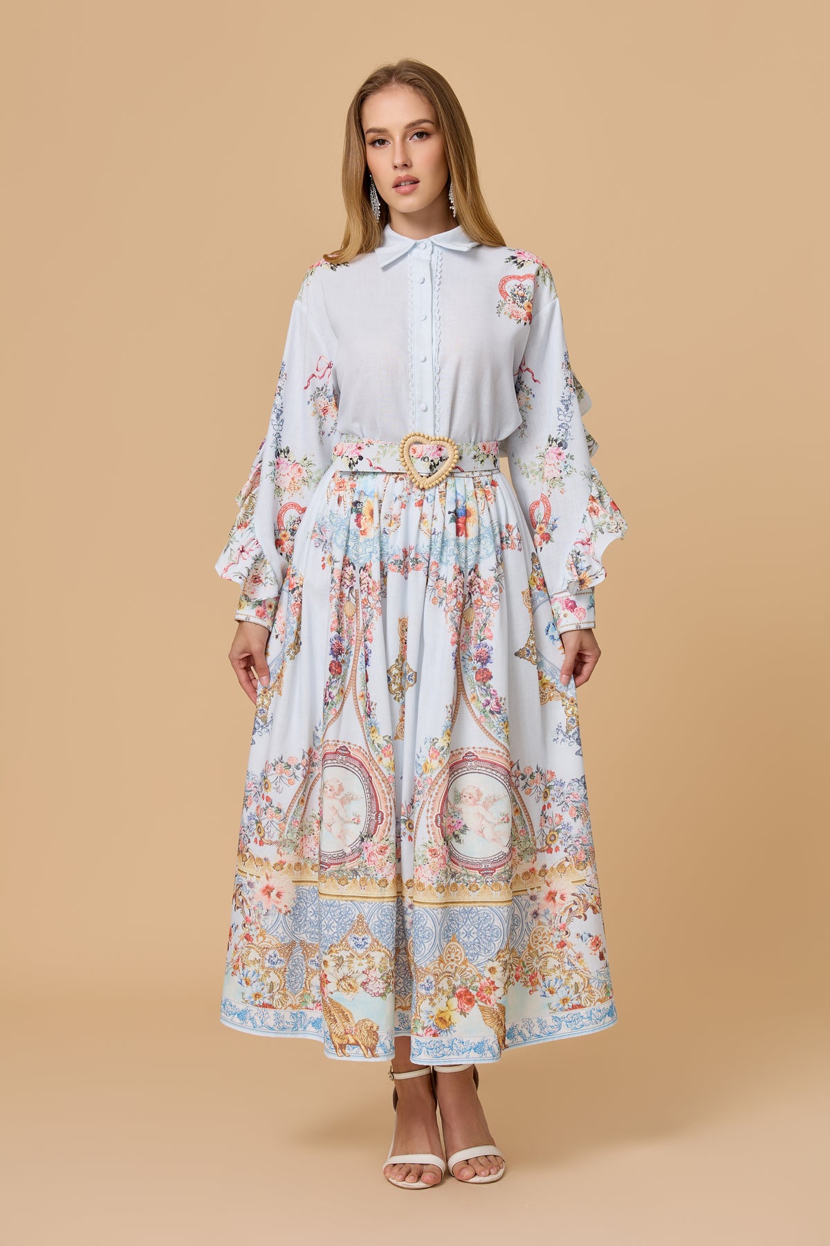 Light Blue Allover Print Shirt Dress And Belt Outfit Set