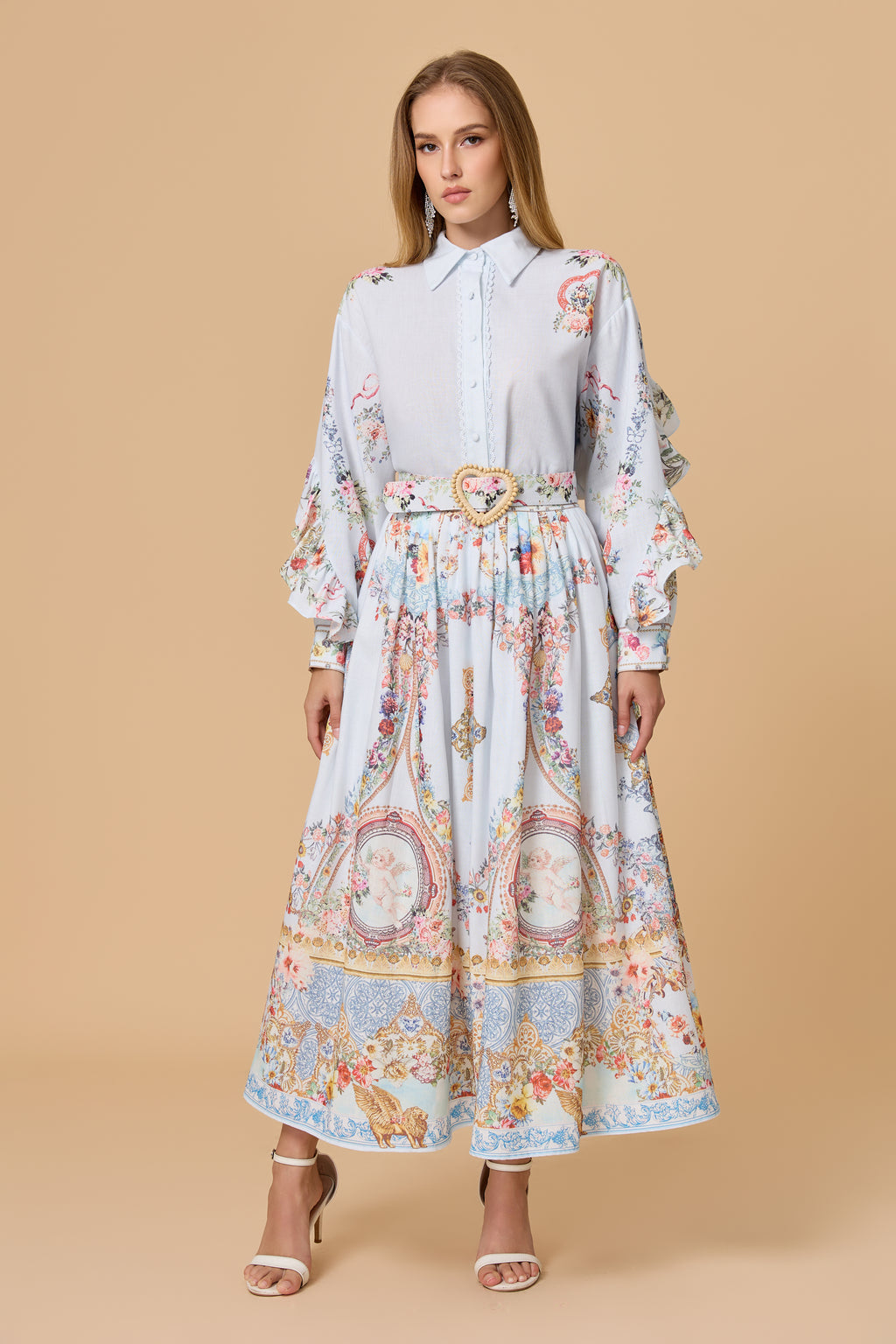 Light Blue Allover Print Shirt Dress And Belt Outfit Set