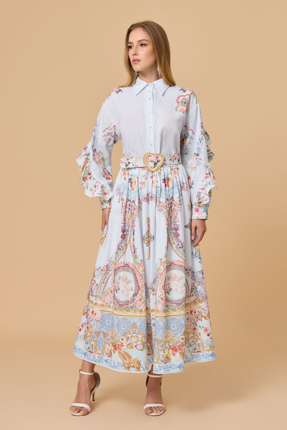 Light Blue Allover Print Shirt Dress And Belt Outfit Set