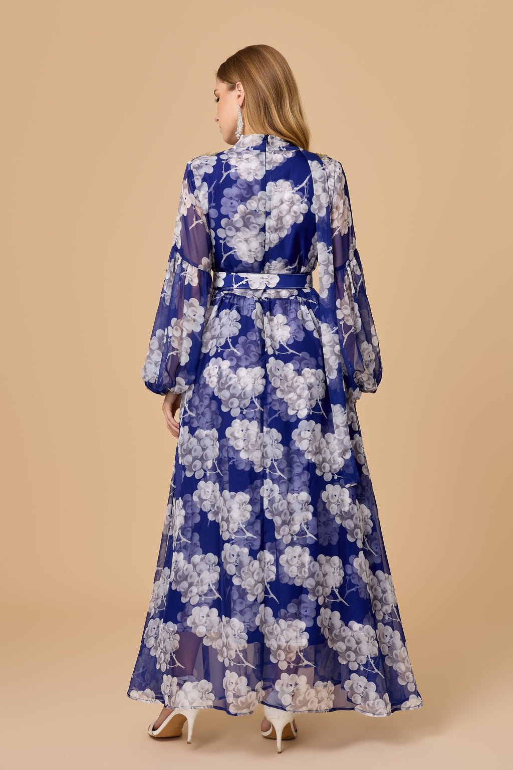 Long Puff Sleeve Blue Floral Chiffon Maxi Dress
