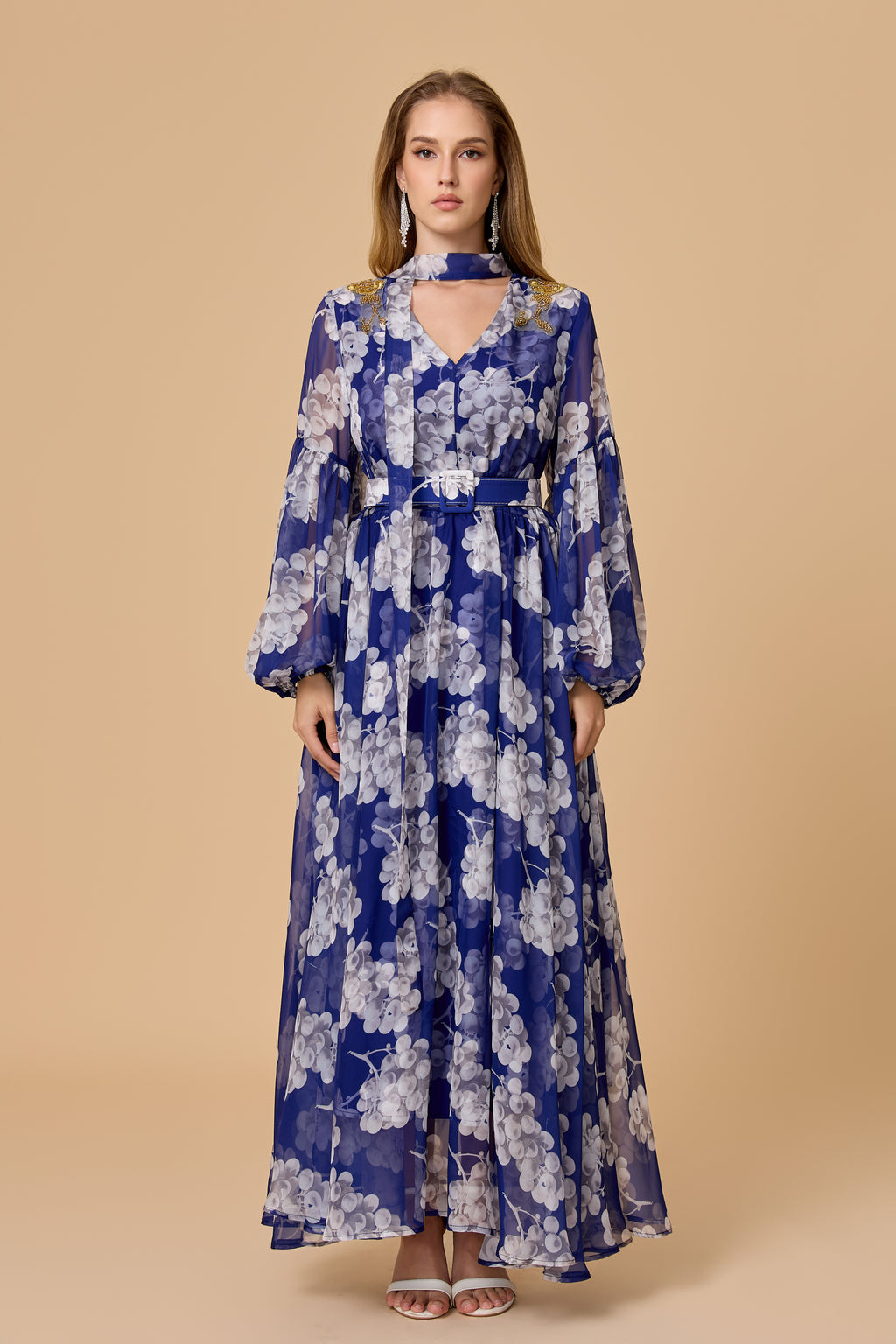 Long Puff Sleeve Blue Floral Chiffon Maxi Dress