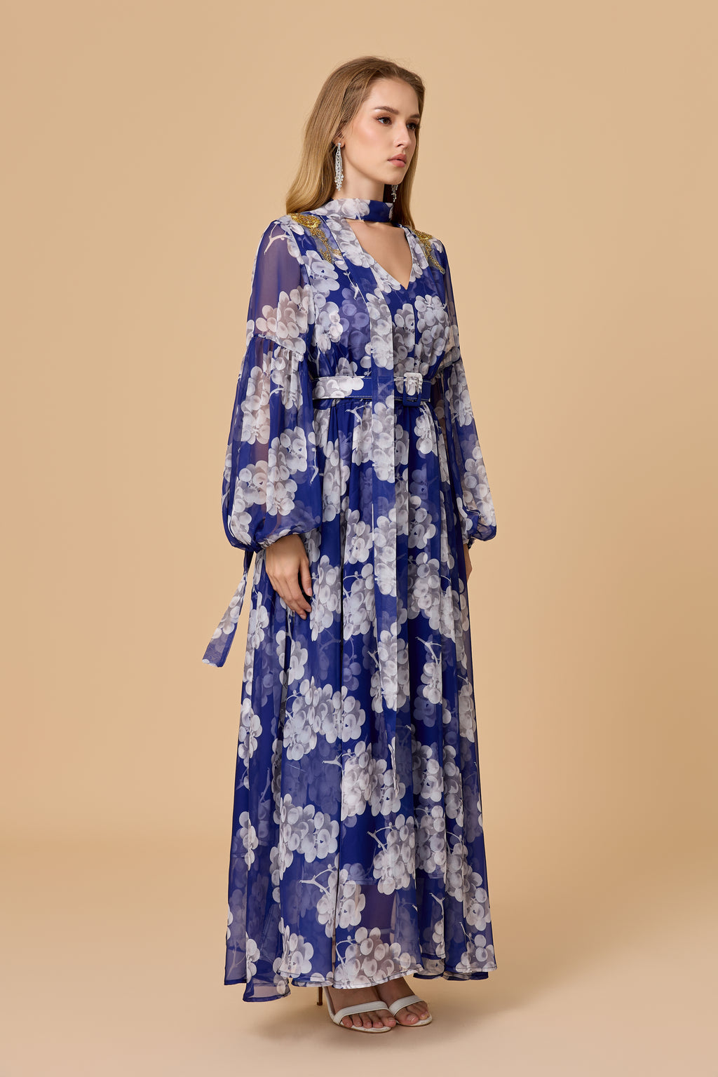 Long Puff Sleeve Blue Floral Chiffon Maxi Dress