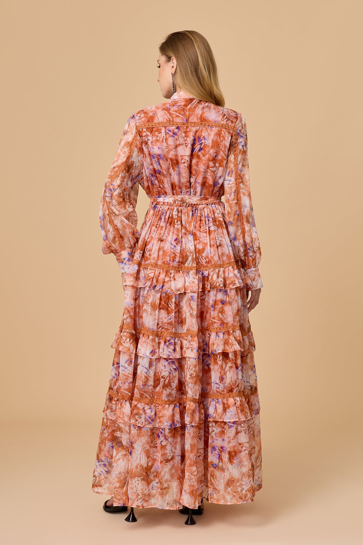 Vintage Floral Long Sleeve Tie Waist Tiered Maxi Dress
