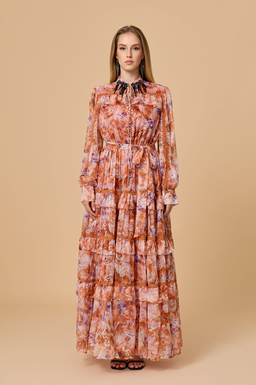 Vintage Floral Long Sleeve Tie Waist Tiered Maxi Dress