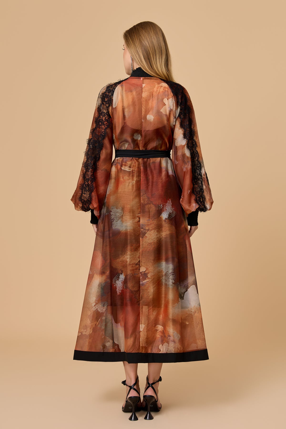 Alluring Glam Orange Lace Panel Midi Dress
