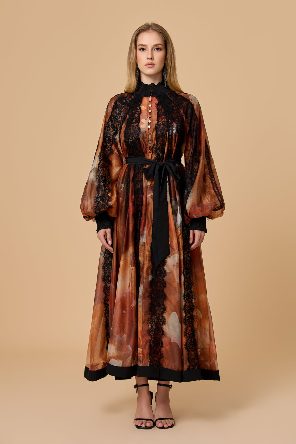 Alluring Glam Orange Lace Panel Midi Dress