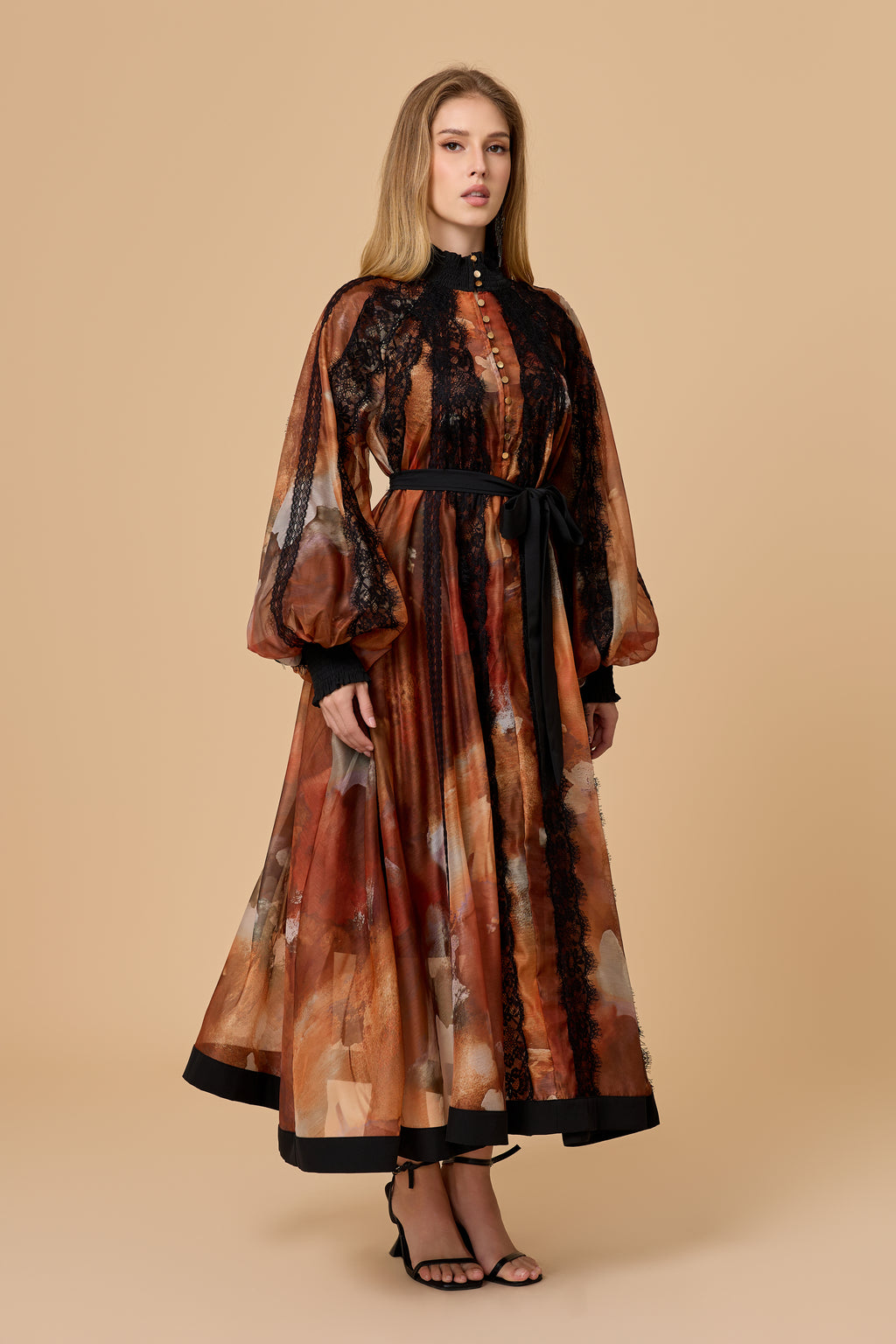 Alluring Glam Orange Lace Panel Midi Dress
