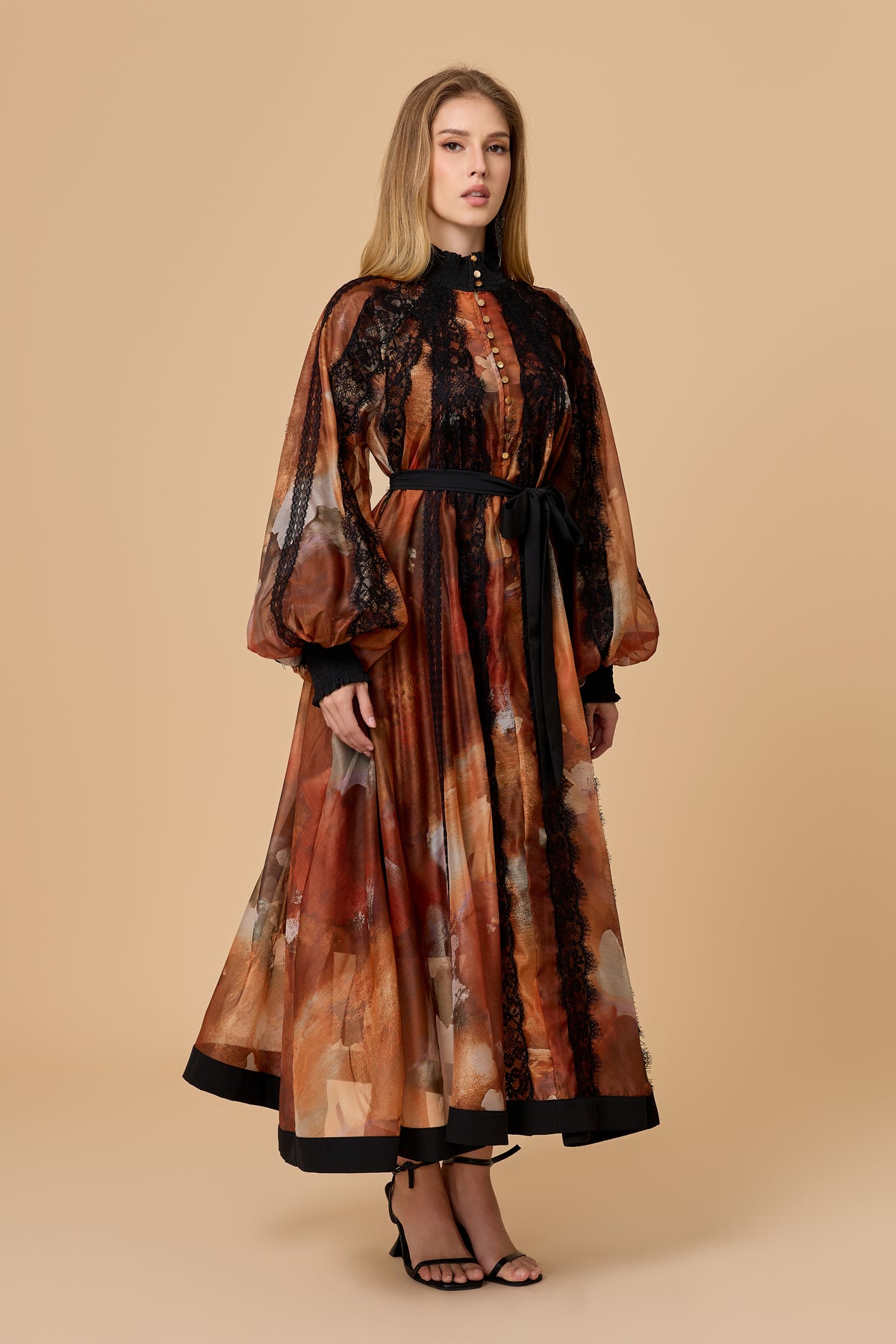 Alluring Glam Orange Lace Panel Midi Dress