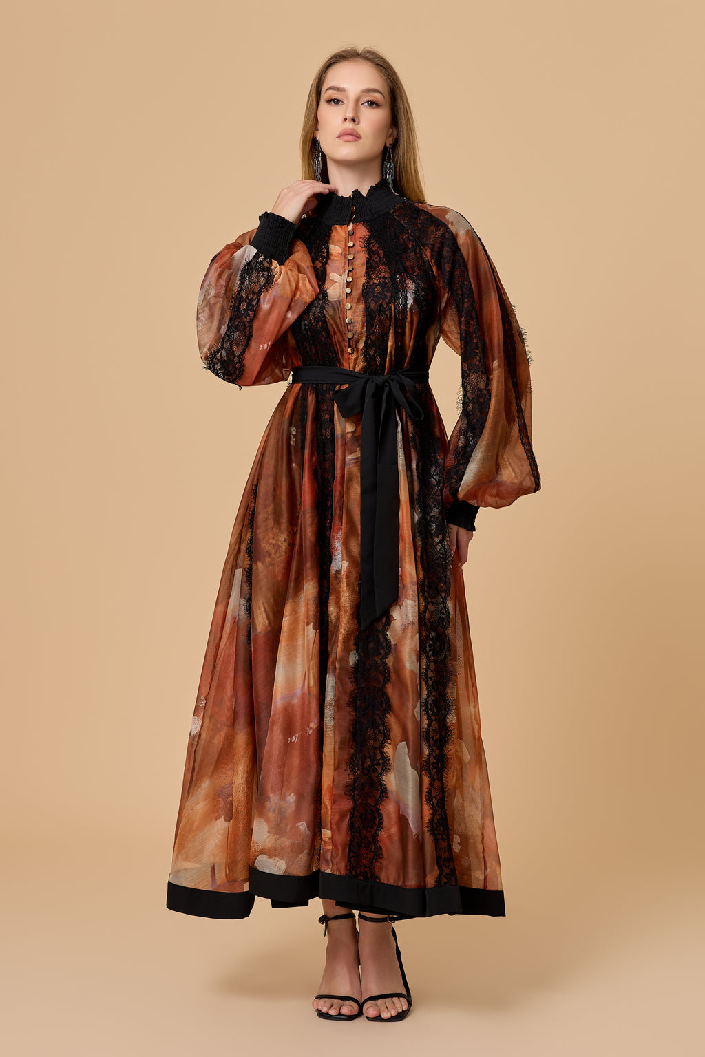 Alluring Glam Orange Lace Panel Midi Dress
