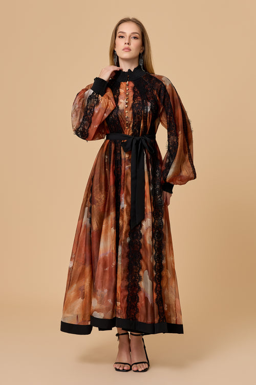 Alluring Glam Orange Lace Panel Midi Dress