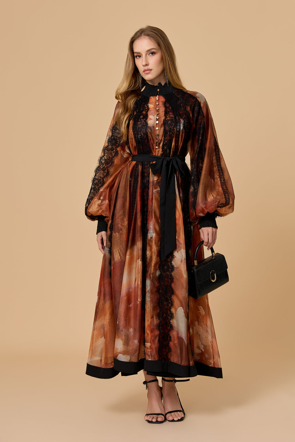 Alluring Glam Orange Lace Panel Midi Dress