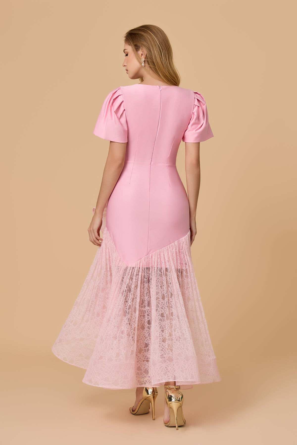 Elegant Pink Structured Bodice Lace Ruffle Midi Dress