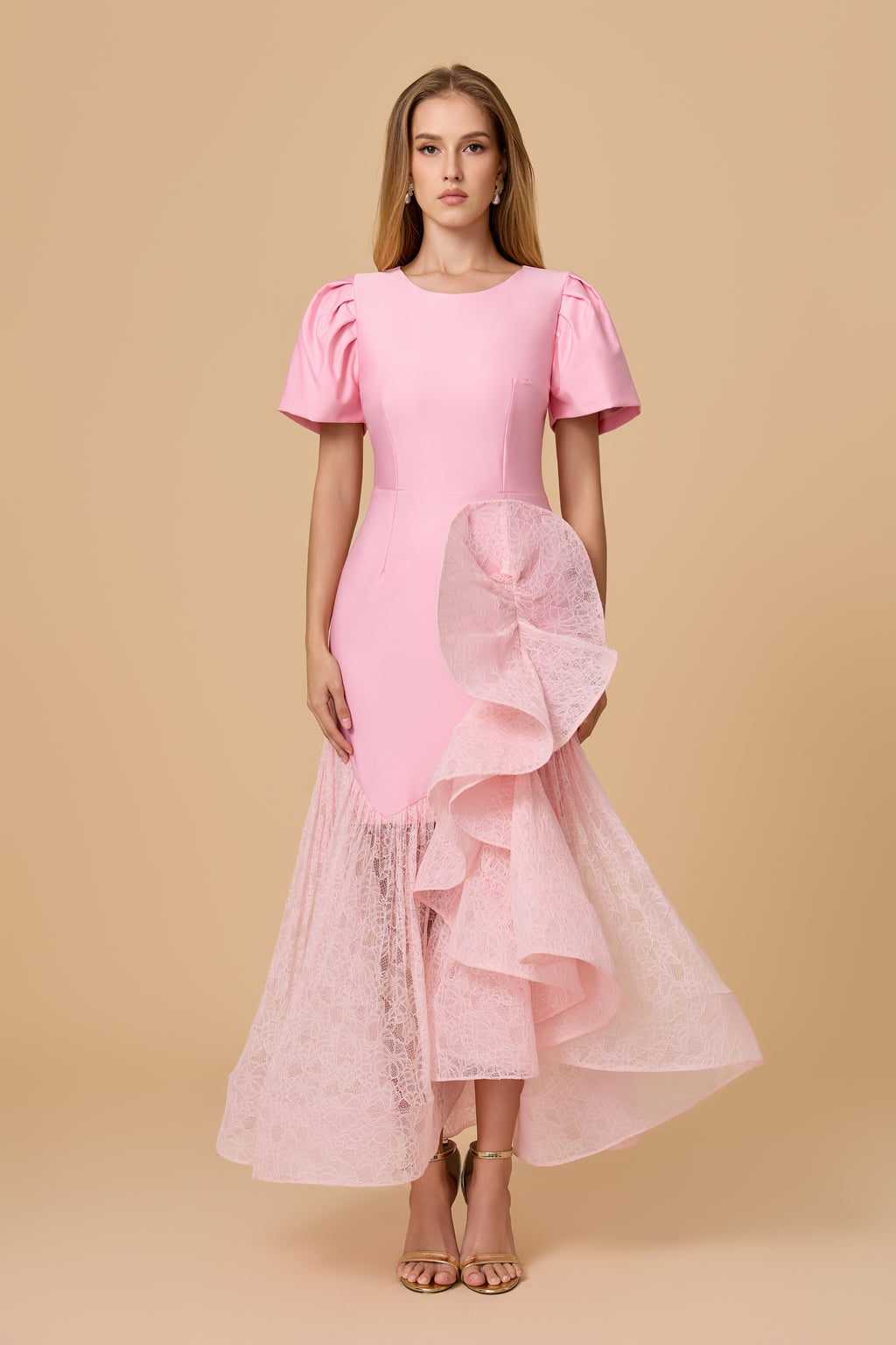Elegant Pink Structured Bodice Lace Ruffle Midi Dress