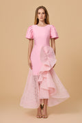 Elegant Pink Structured Bodice Lace Ruffle Midi Dress