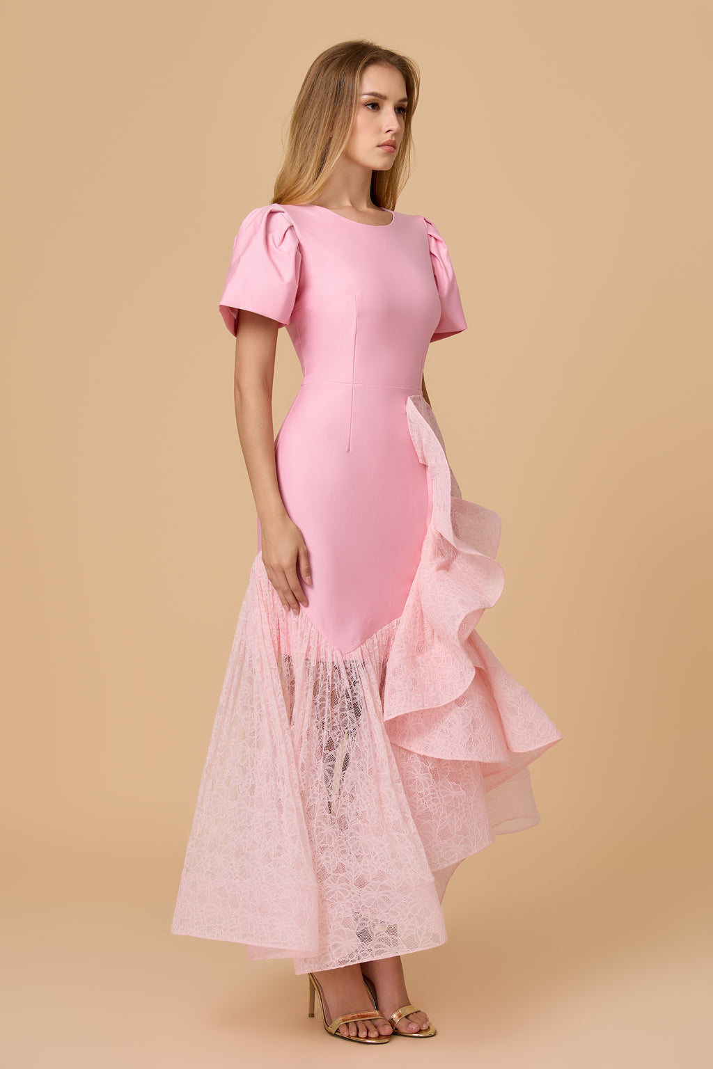 Elegant Pink Structured Bodice Lace Ruffle Midi Dress
