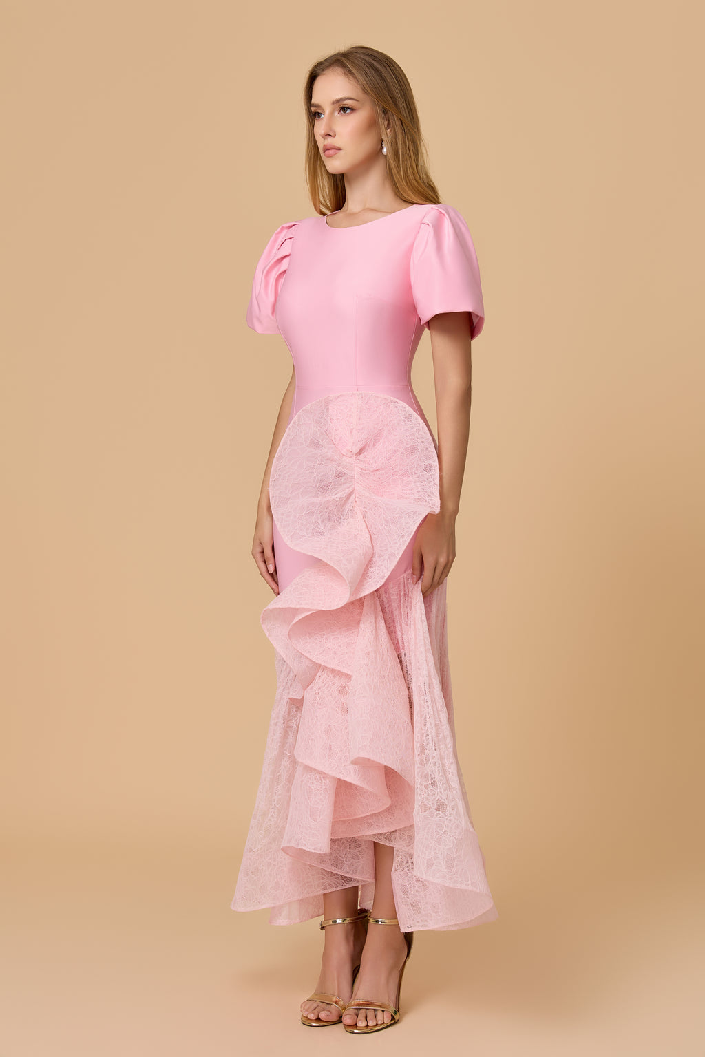 Elegant Pink Structured Bodice Lace Ruffle Midi Dress