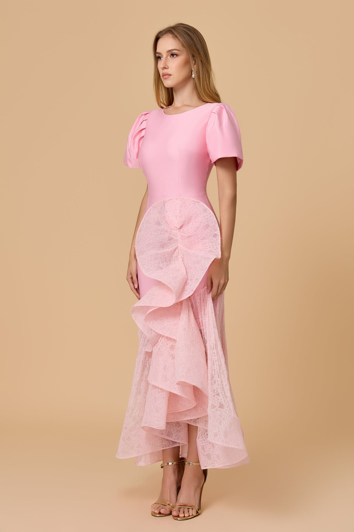 Elegant Pink Structured Bodice Lace Ruffle Midi Dress