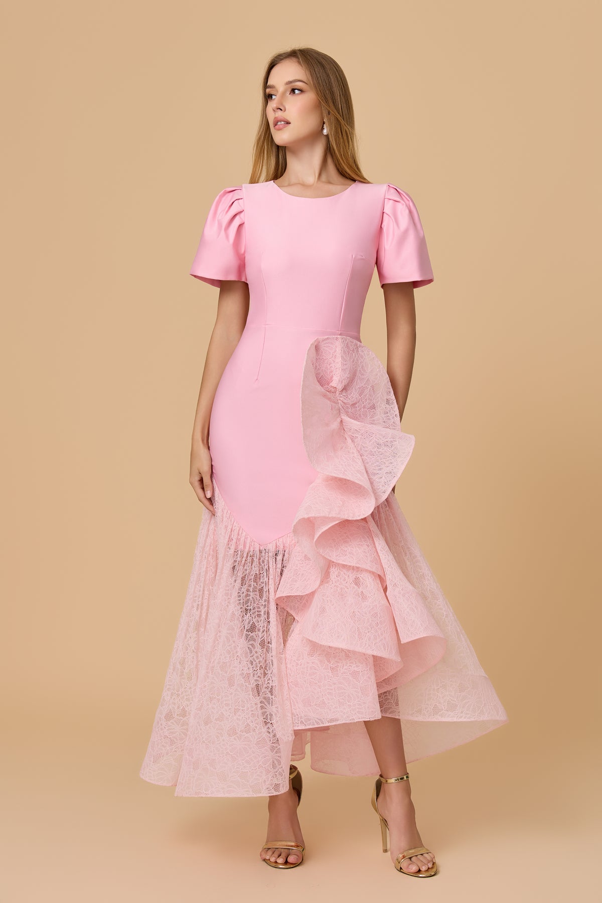 Elegant Pink Structured Bodice Lace Ruffle Midi Dress