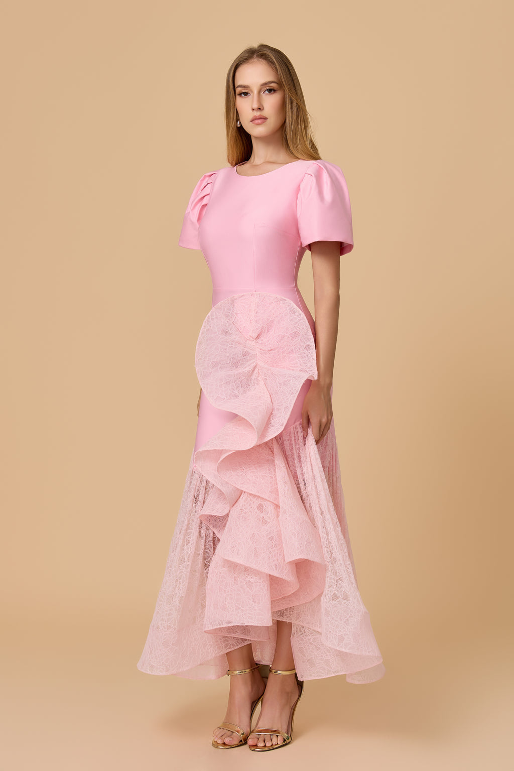 Elegant Pink Structured Bodice Lace Ruffle Midi Dress