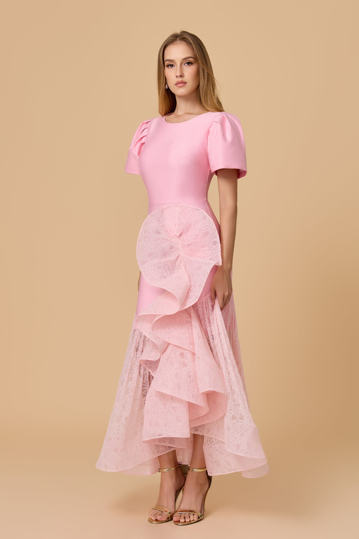 Elegant Pink Structured Bodice Lace Ruffle Midi Dress