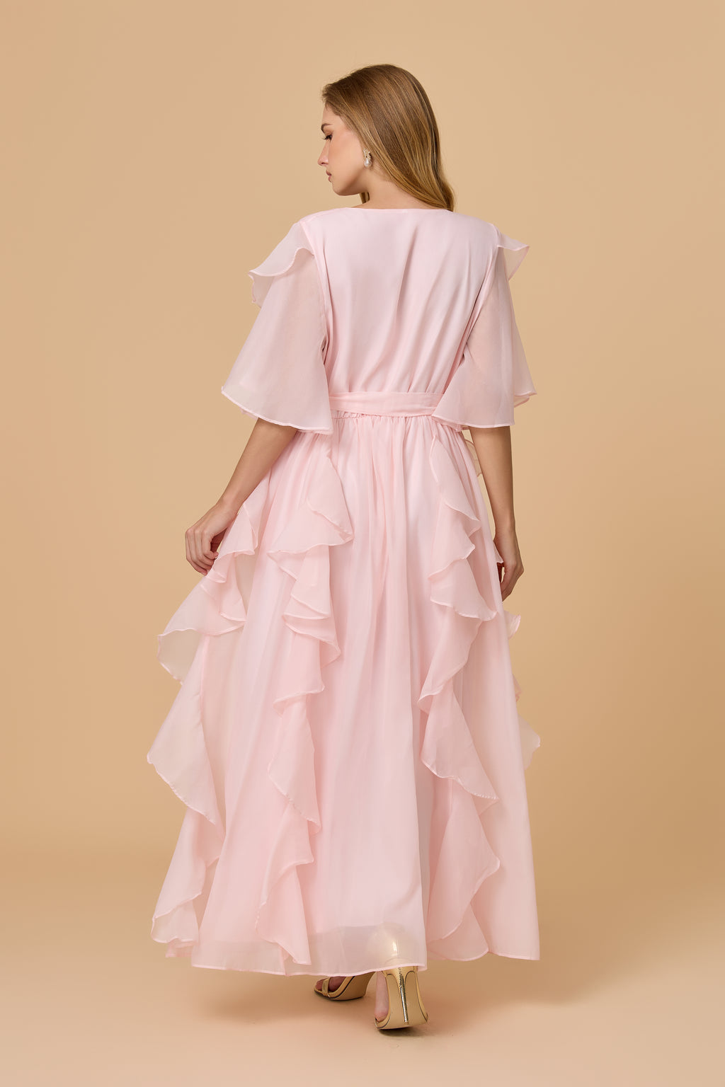 Dreamy Blush Pink Ruffle Trim Maxi Dress