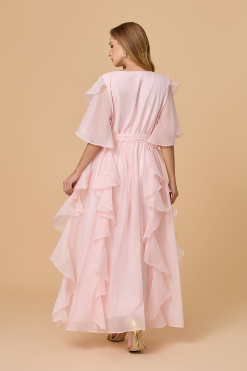 Blush Pink Wrap Waist Ruffled Chiffon Evening Dress