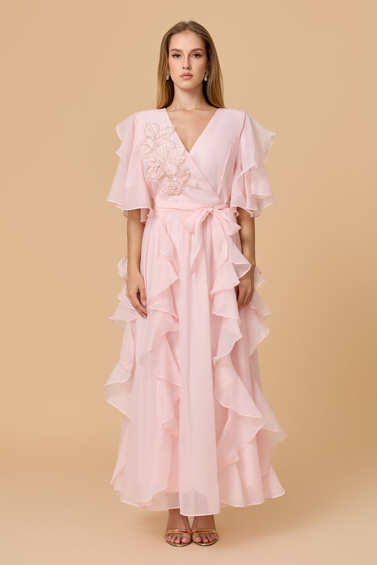 Blush Pink Wrap Waist Ruffled Chiffon Evening Dress