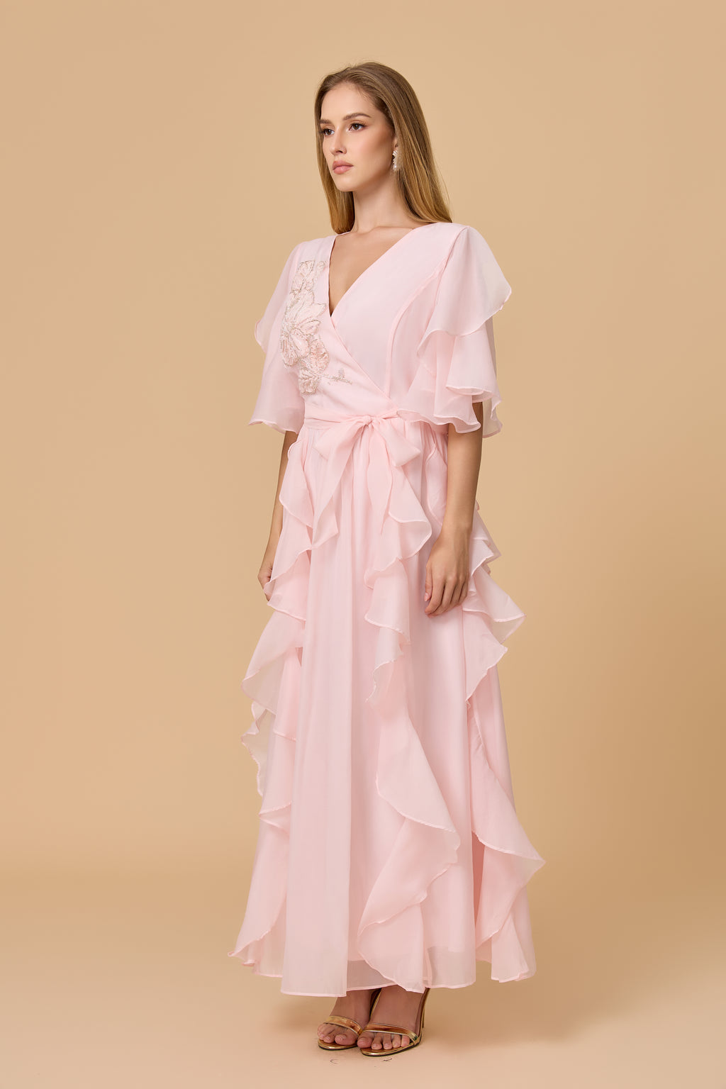 Blush Pink Wrap Waist Ruffled Chiffon Evening Dress