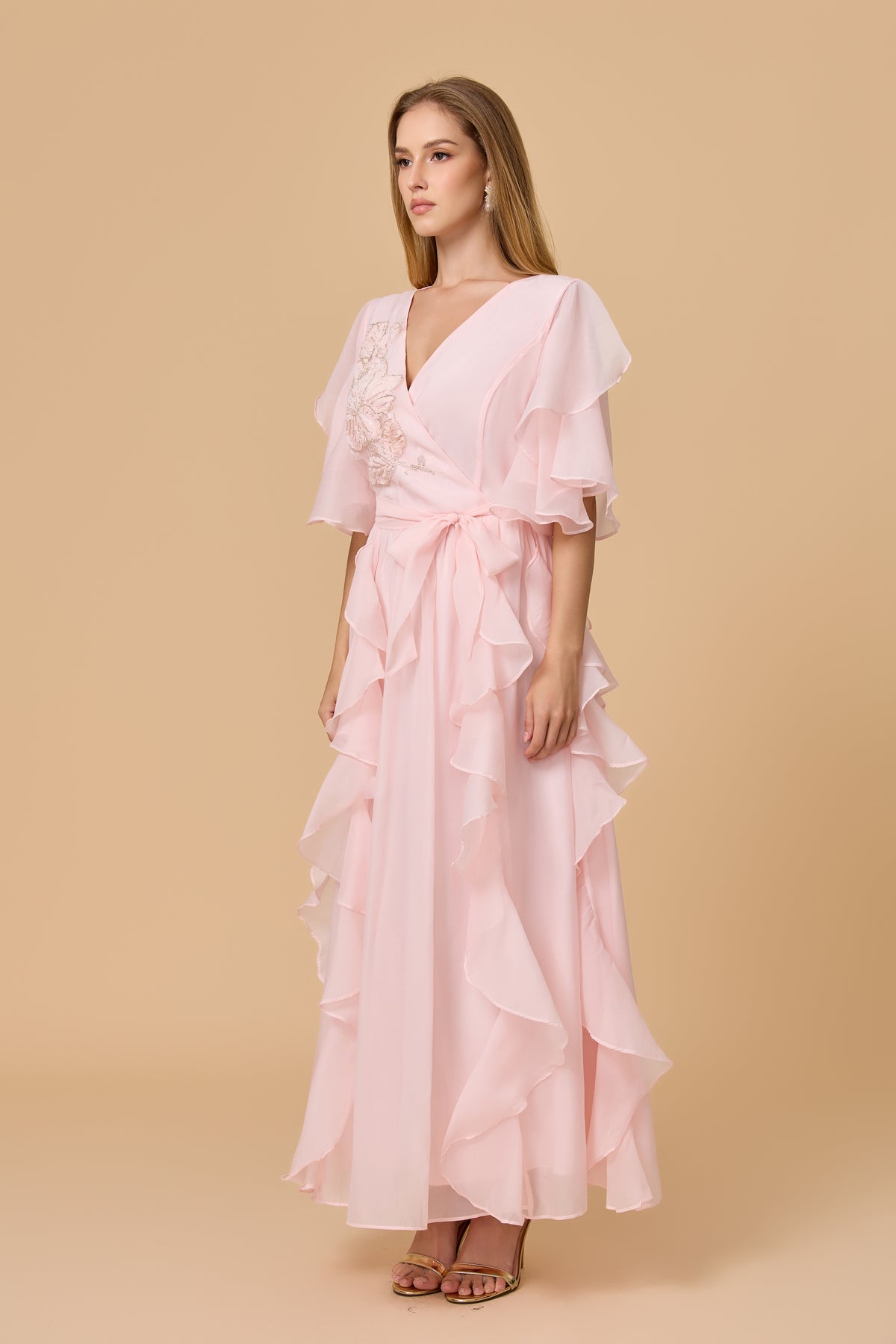 Blush Pink Wrap Waist Ruffled Chiffon Evening Dress