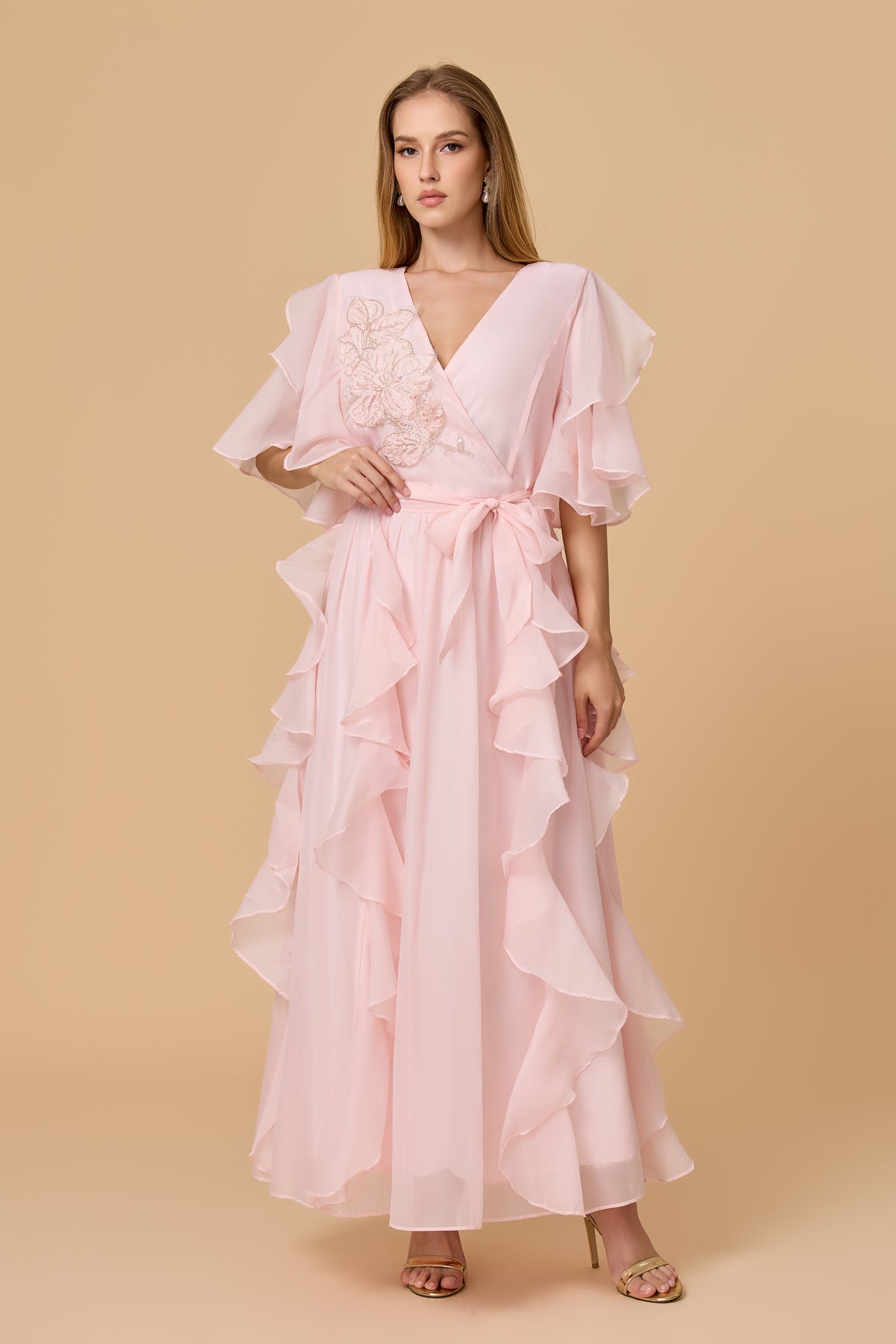 Blush Pink Wrap Waist Ruffled Chiffon Evening Dress