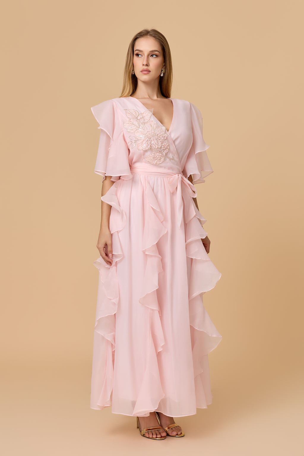 Blush Pink Wrap Waist Ruffled Chiffon Evening Dress