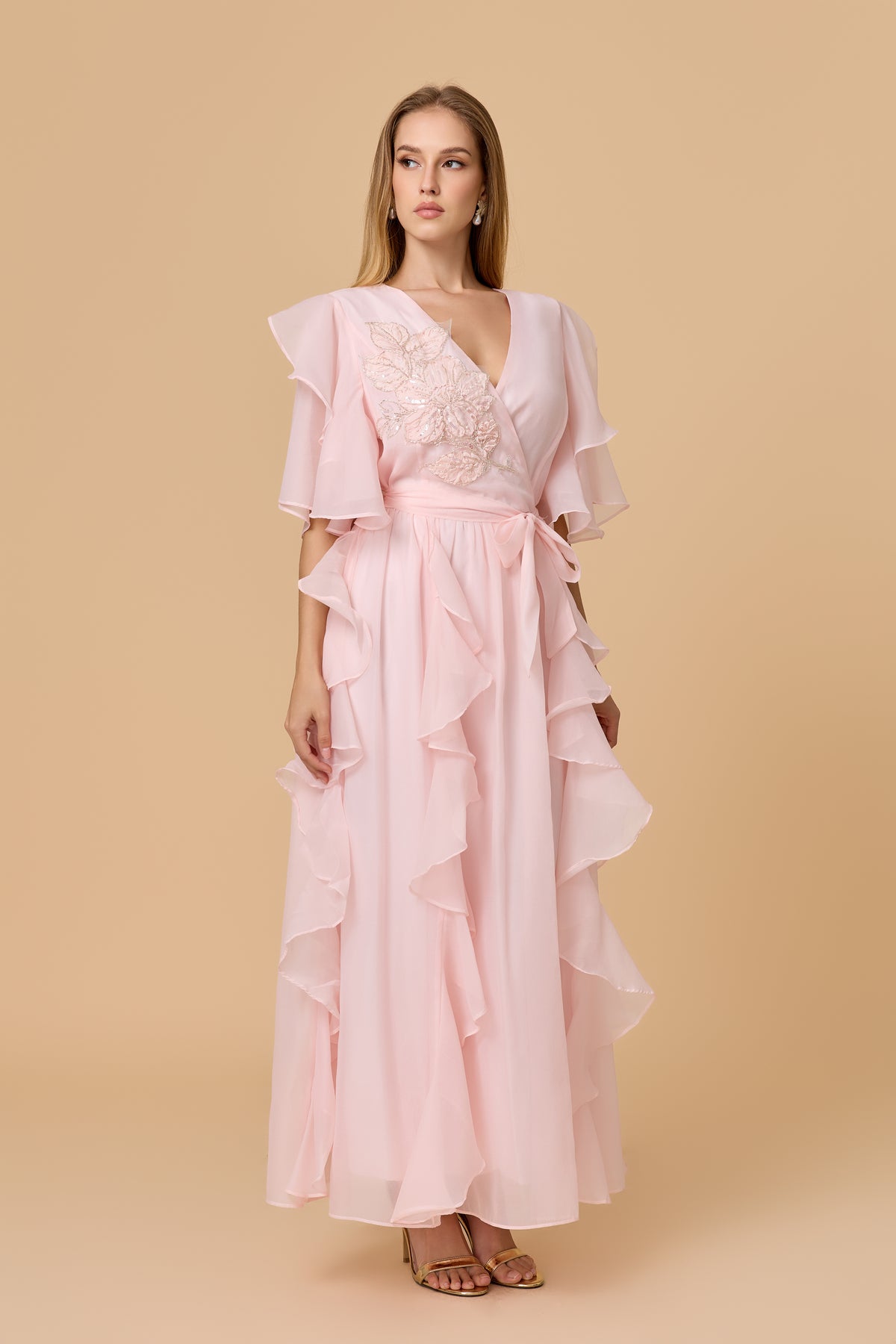 Blush Pink Wrap Waist Ruffled Chiffon Evening Dress