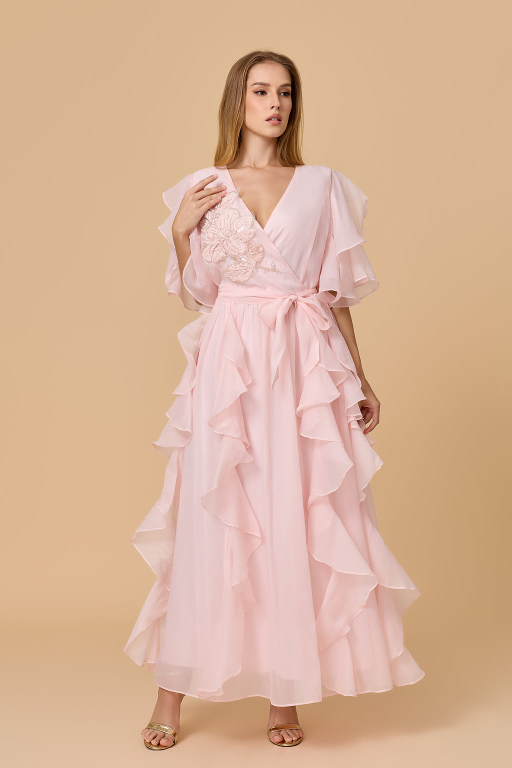 Blush Pink Wrap Waist Ruffled Chiffon Evening Dress