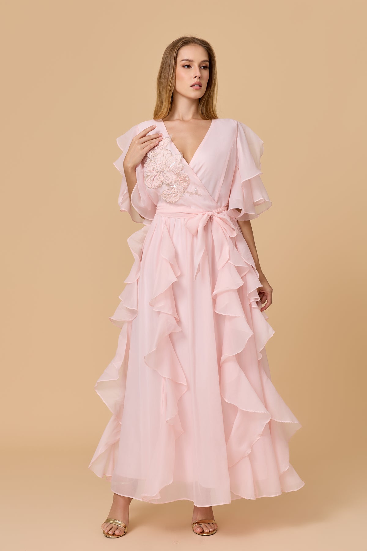 Blush Pink Wrap Waist Ruffled Chiffon Evening Dress