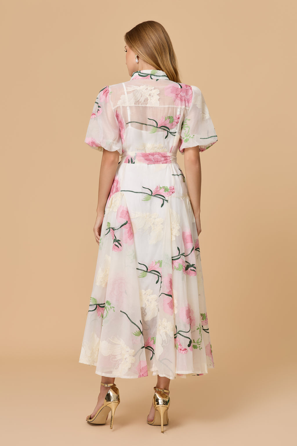 Puff Sleeve Floral Embroidered Midi Shirt Dress