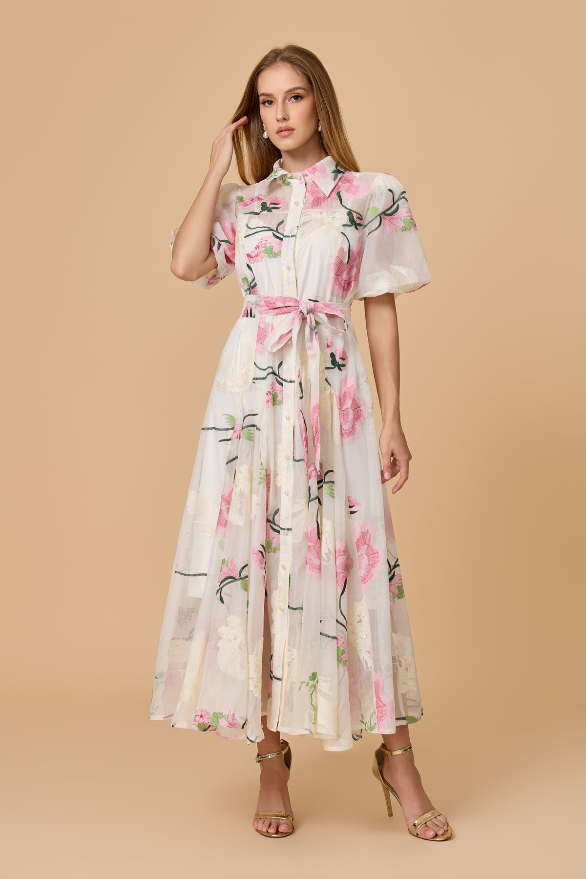 Puff Sleeve Floral Embroidered Midi Shirt Dress