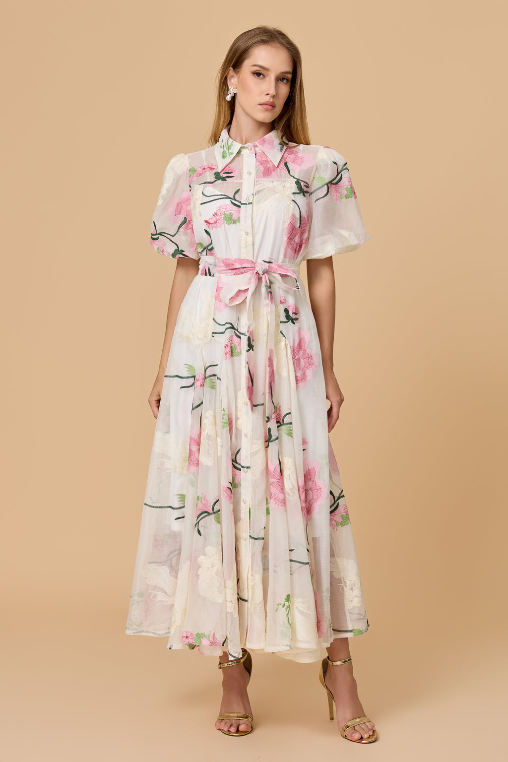 Puff Sleeve Floral Embroidered Midi Shirt Dress