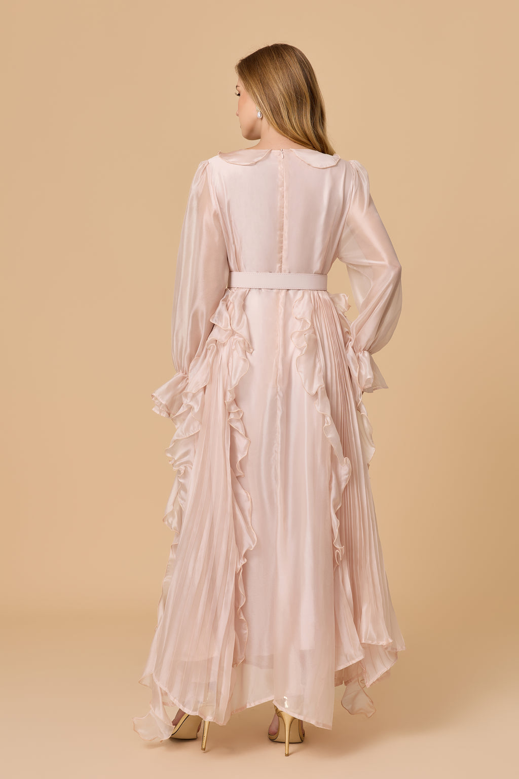 Dreamy Blush Pink Ruffle Trim Maxi Dress