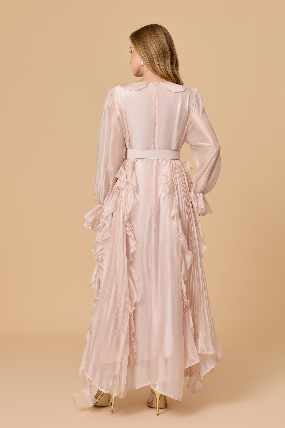 Dreamy Blush Pink Ruffle Trim Maxi Dress