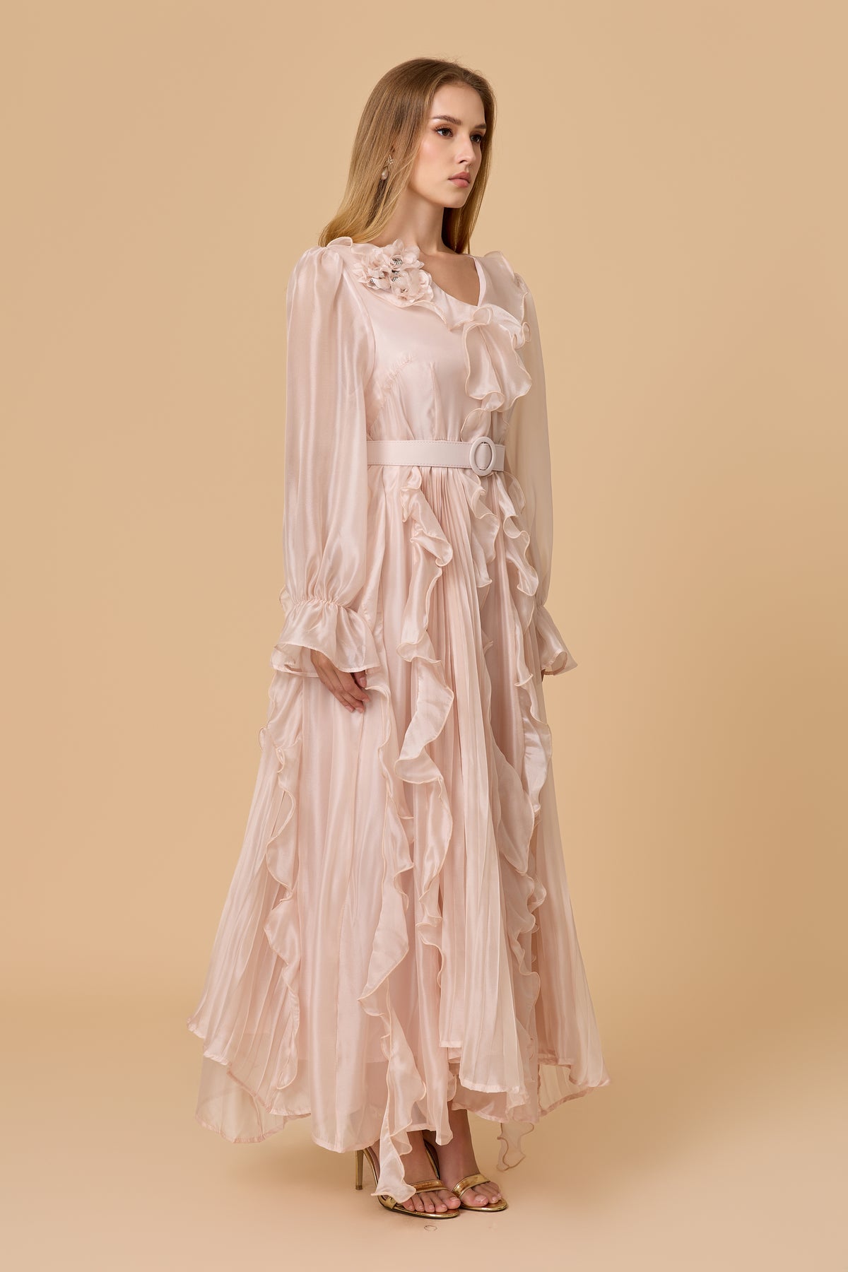 Dreamy Blush Pink Ruffle Trim Maxi Dress