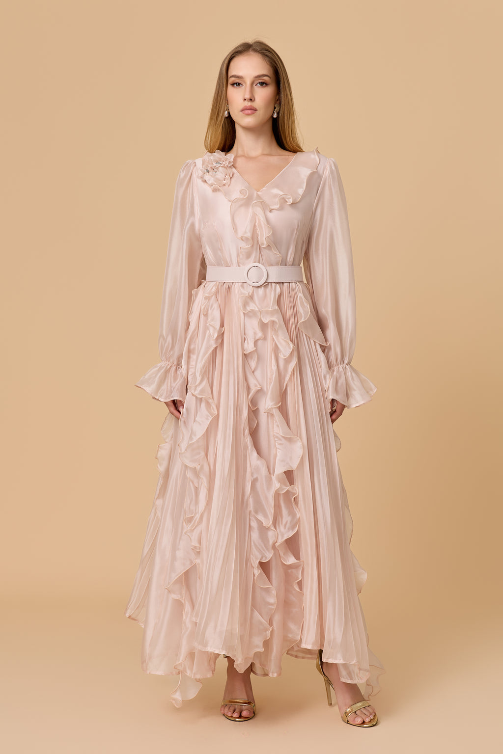 Dreamy Blush Pink Ruffle Trim Maxi Dress