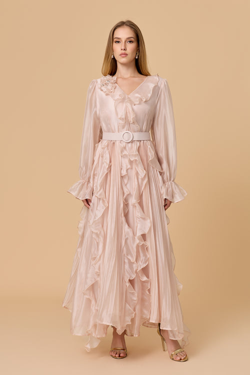 Dreamy Blush Pink Ruffle Trim Maxi Dress