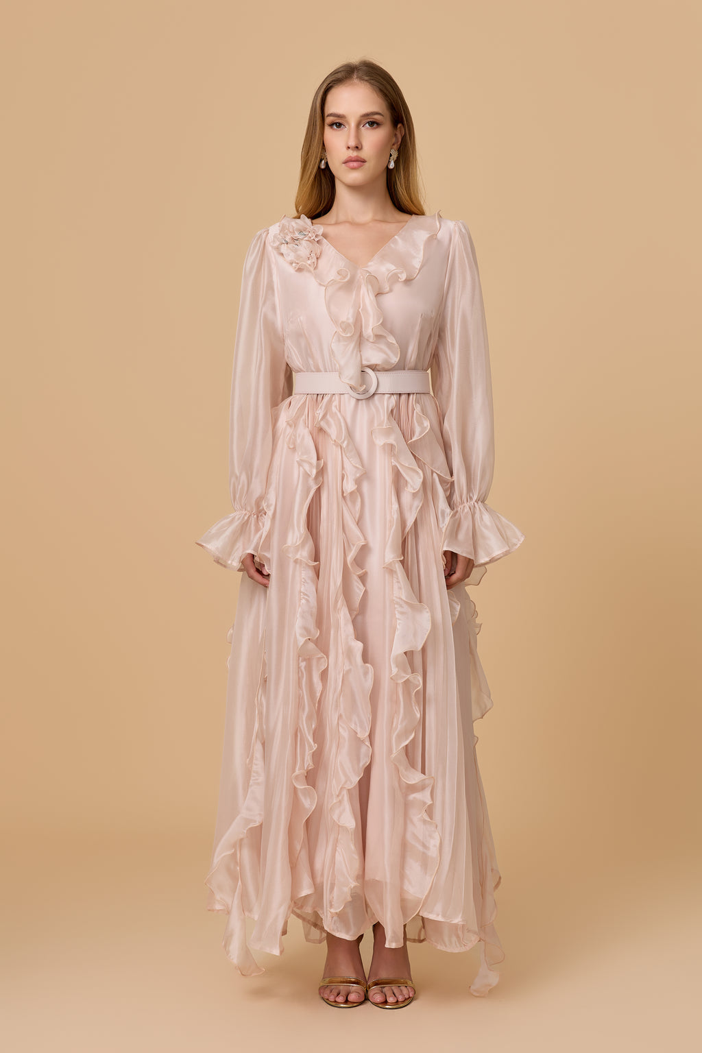 Dreamy Blush Pink Ruffle Trim Maxi Dress