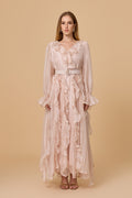 Dreamy Blush Pink Ruffle Trim Maxi Dress