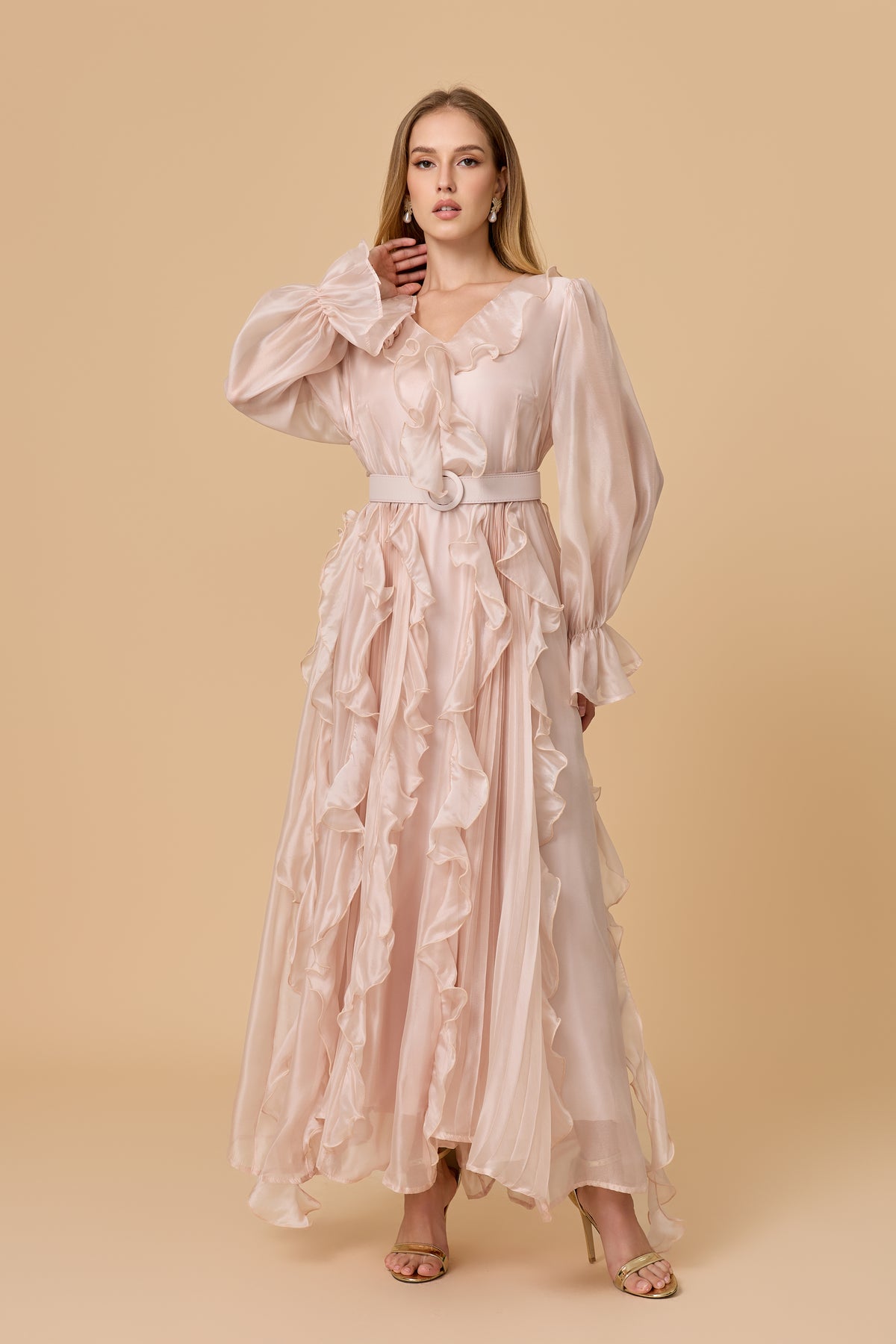 Dreamy Blush Pink Ruffle Trim Maxi Dress