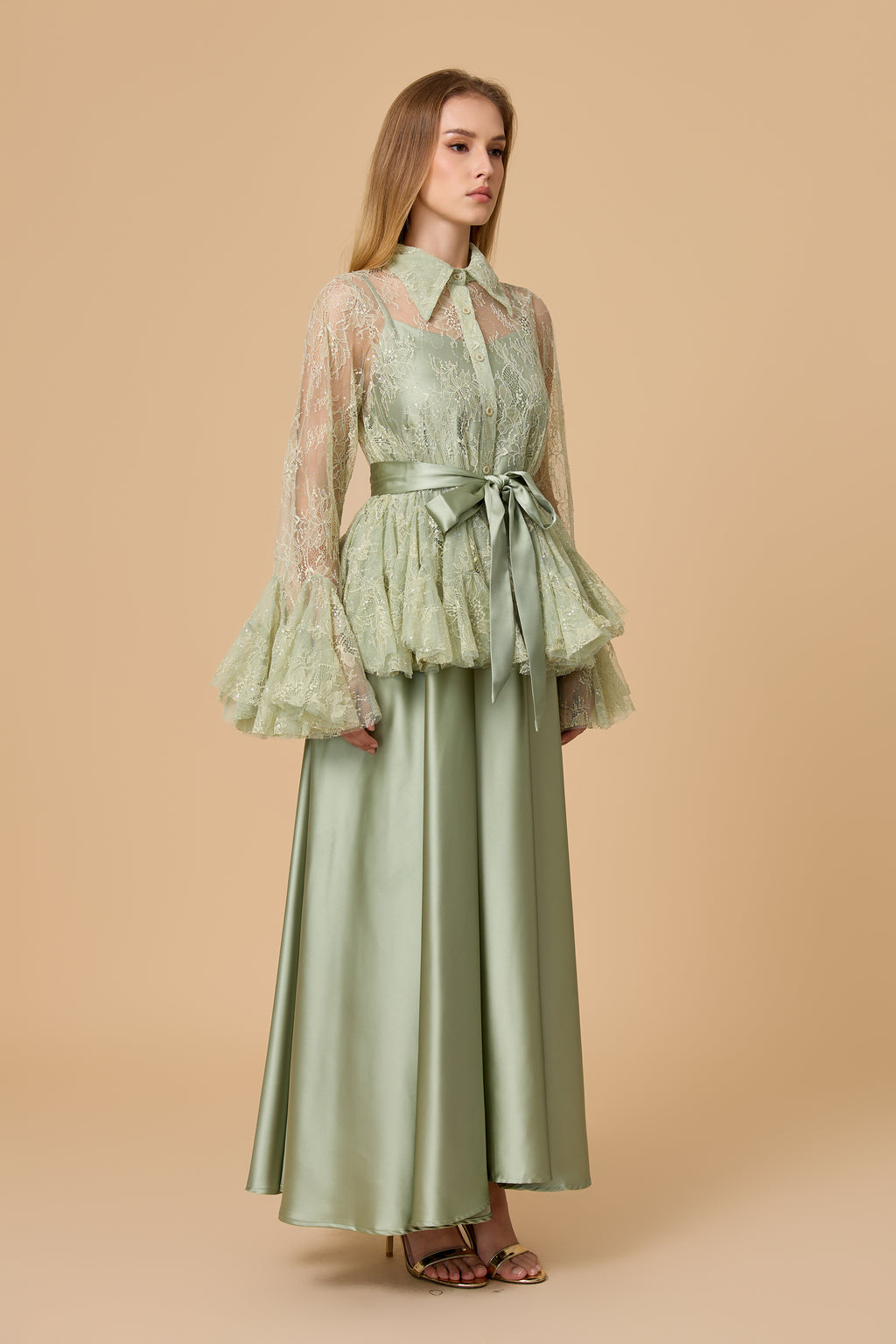 Soft Morning Mist Green Sheer Ruffled Blouse & Satin Dress Set