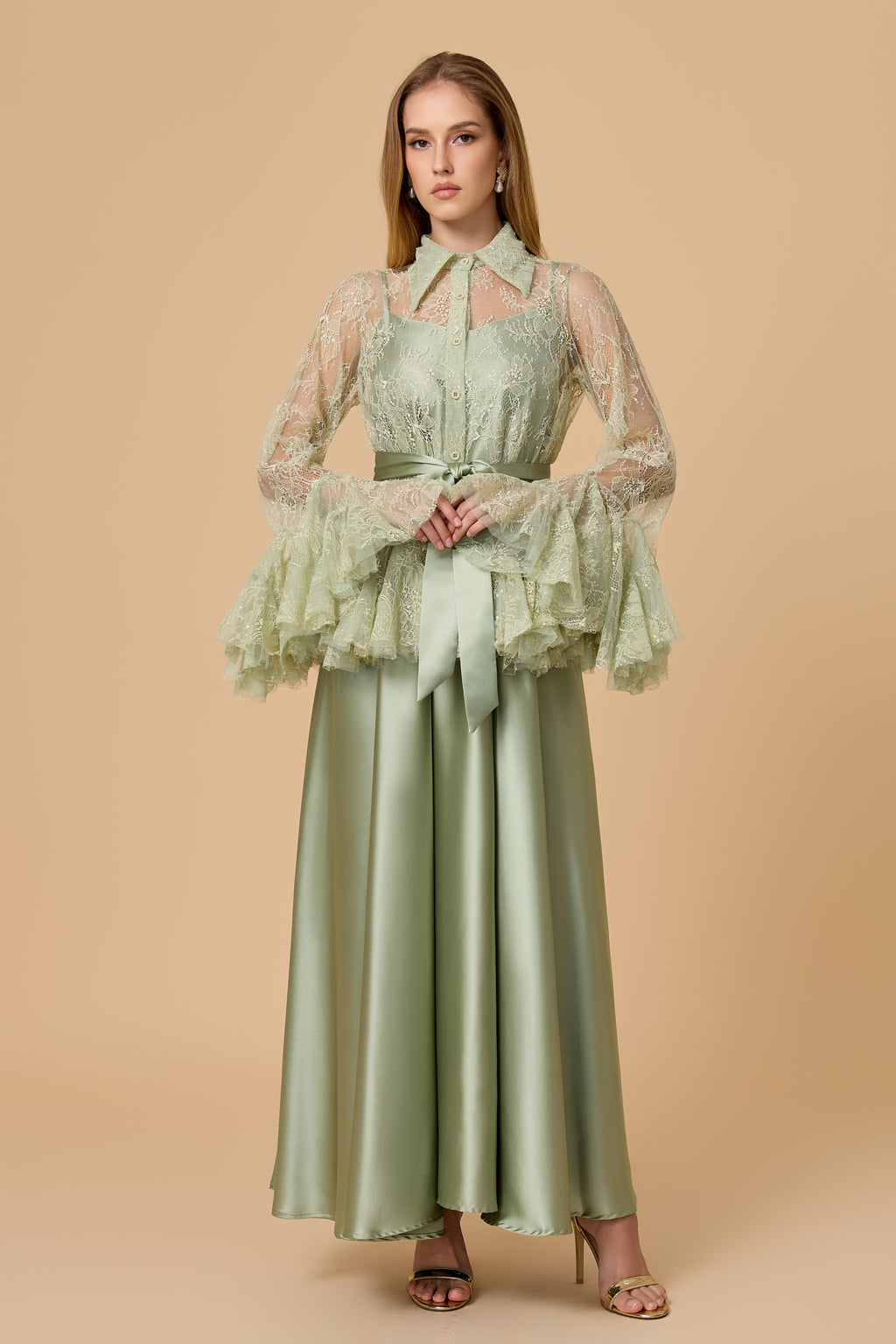 Soft Morning Mist Green Sheer Ruffled Blouse & Satin Dress Set